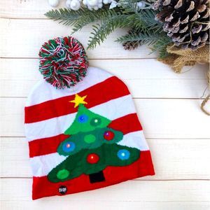 Red White Stripe Christmas Tree Light Up Knit Pom Beanie Unisex OSFM